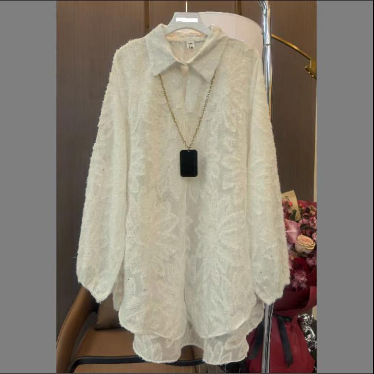 Spring and Summer Jacquard and Slim and Fashionable Mid-length Long-sleeved Shirt Button Cardigan Loose and Elegant Top