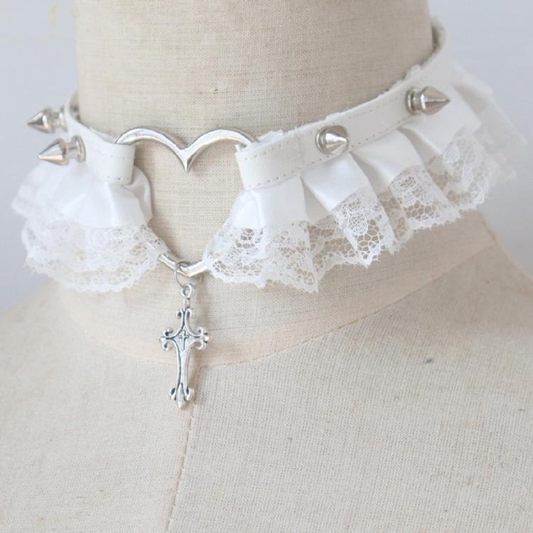 Heart Lace Crossed Pendant Choker Necklace Leather Chocker Halloween Choker Statement Jewelry for Girl Cosplay