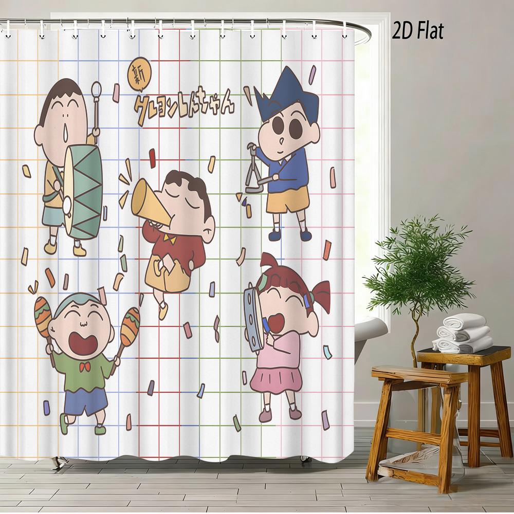 Crayon Shin-Chan & Himawari & Shiro & Leopard & Rooster Jungle Adventure Scene 2D Print Waterproof Shower Curtain, Bright Green