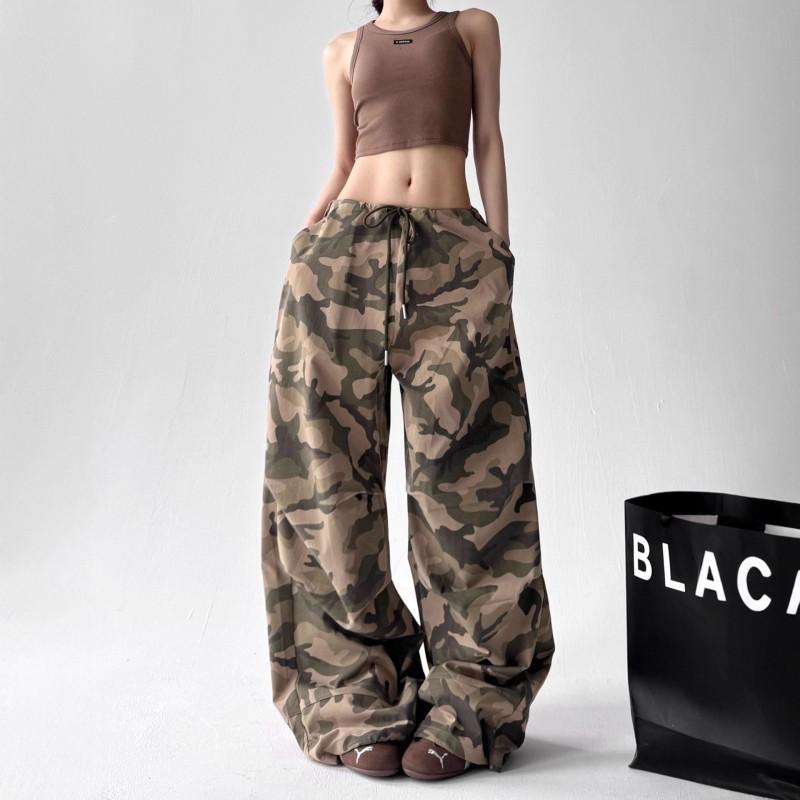 Womens Vintage Camo Cargo Pants High Waist Loose Wide Leg Casual Trousers