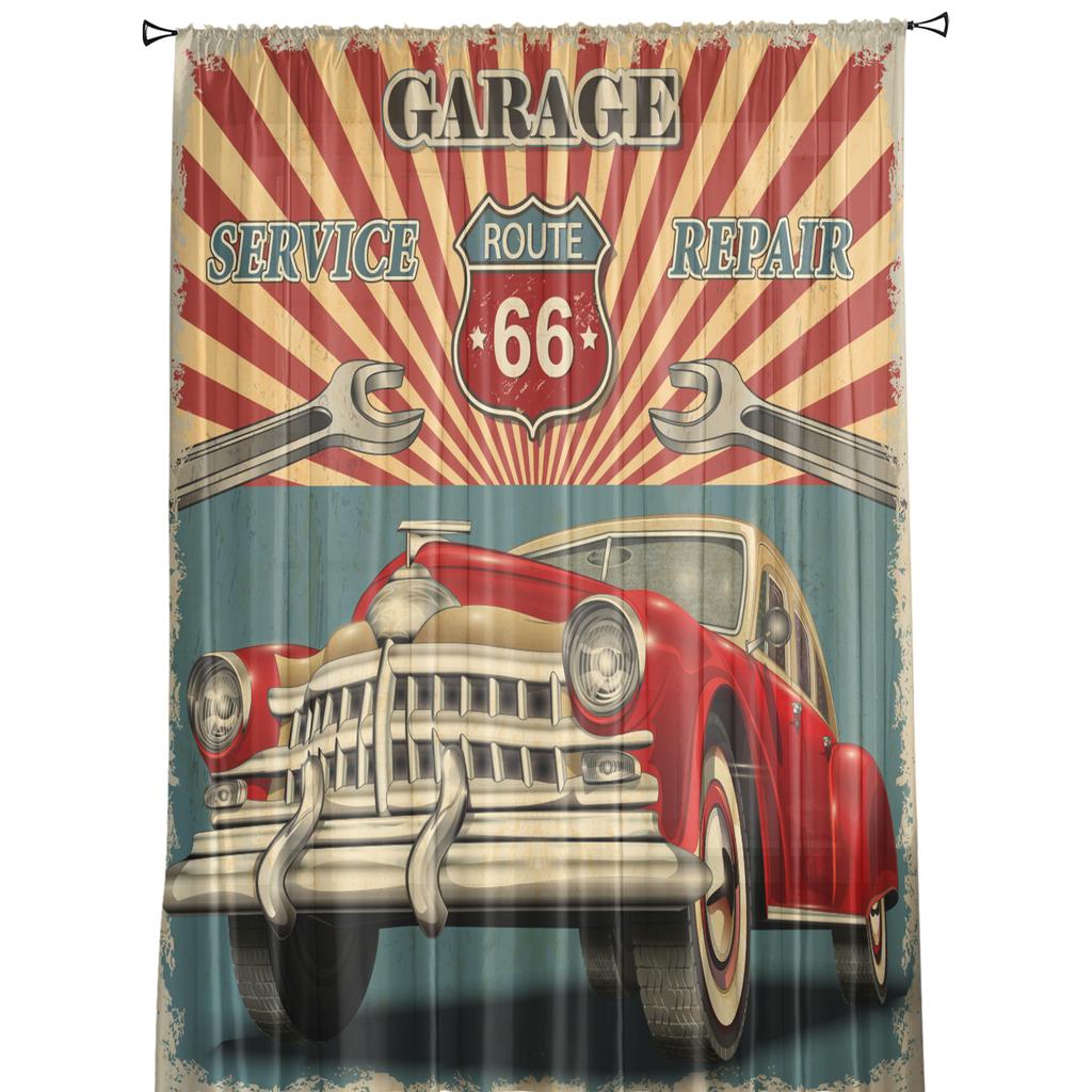 Classic Car Poster Window Treatment Tulle Modern Sheer Curtains for Kitchen Living Room the Bedroom Curtains Decoration