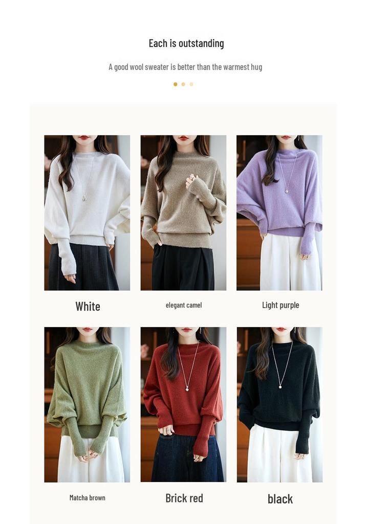 Women's One-Shoulder Batwing Sleeve Knit Sweater - Loose Fit, Lazy Design, Split Hem, Wool Blend for Autumn/Winter