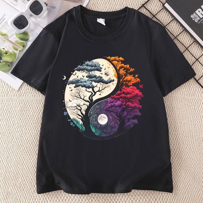 YinYang Natureinspired Pattern Loose Tshirt Tree Design Moon and Flying Birds Printed Tshirts Nature Lovers and Outdoor