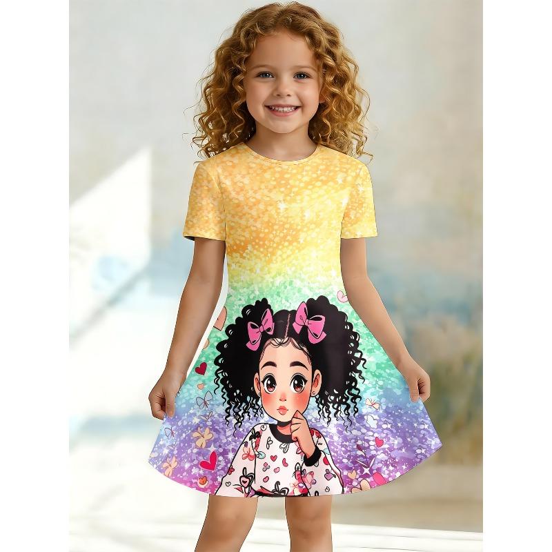 Sweet Cartoon A-line Dress for Girls, Short Sleeved Casual Summer A-line Dress Suitable for Birthday Parties and Gift Giving