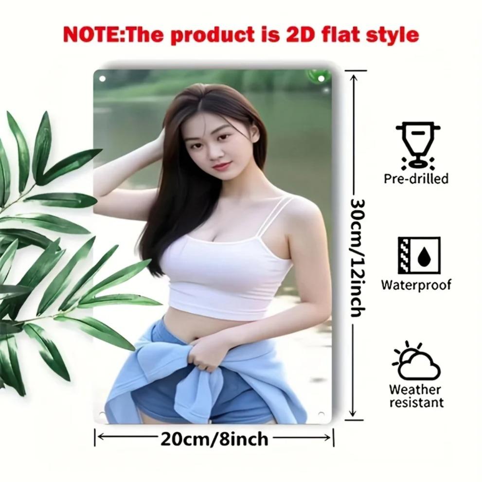 Hisun Tin Sign HD Metal Tin Sign Stunning Asian Beauty In White Cami Crop Top Denim Shorts Retro Wall Art D Flat Iron Painting Plaque for Ho