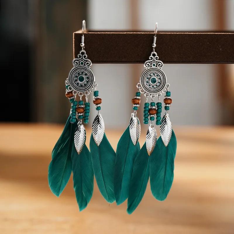 Bohemian Ethnic Feather Drop Earrings For Women Elegant Wood Beads Leaf Long Tassels Dangle Earring Girls Fashion Party Jewelry