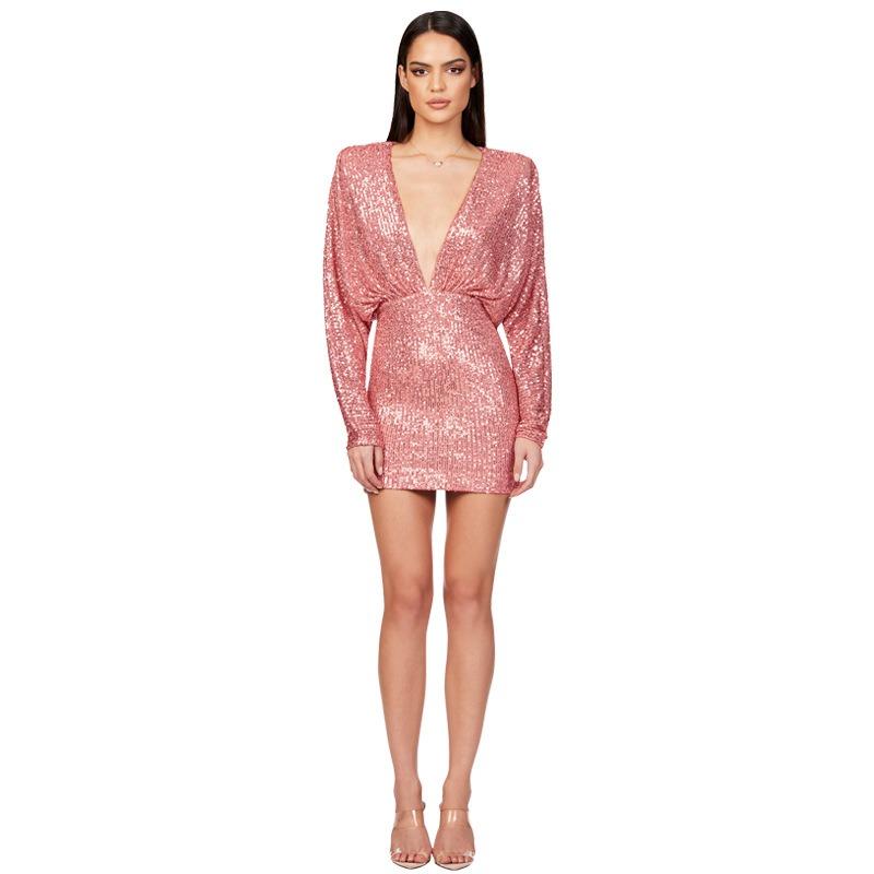 Dress Summer Women's Deep V Backless Cutout Dress Long-sleeved Sequin Hip Wrap Dress