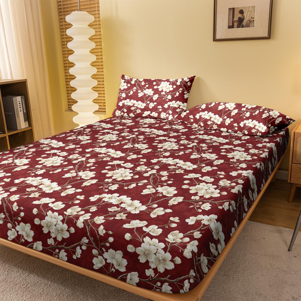 Simple 1 Modern Plant Flower Printed Matte Fitted Sheet, Bedroom Printed Bed Cover, Bedding Excluding Pillowcases