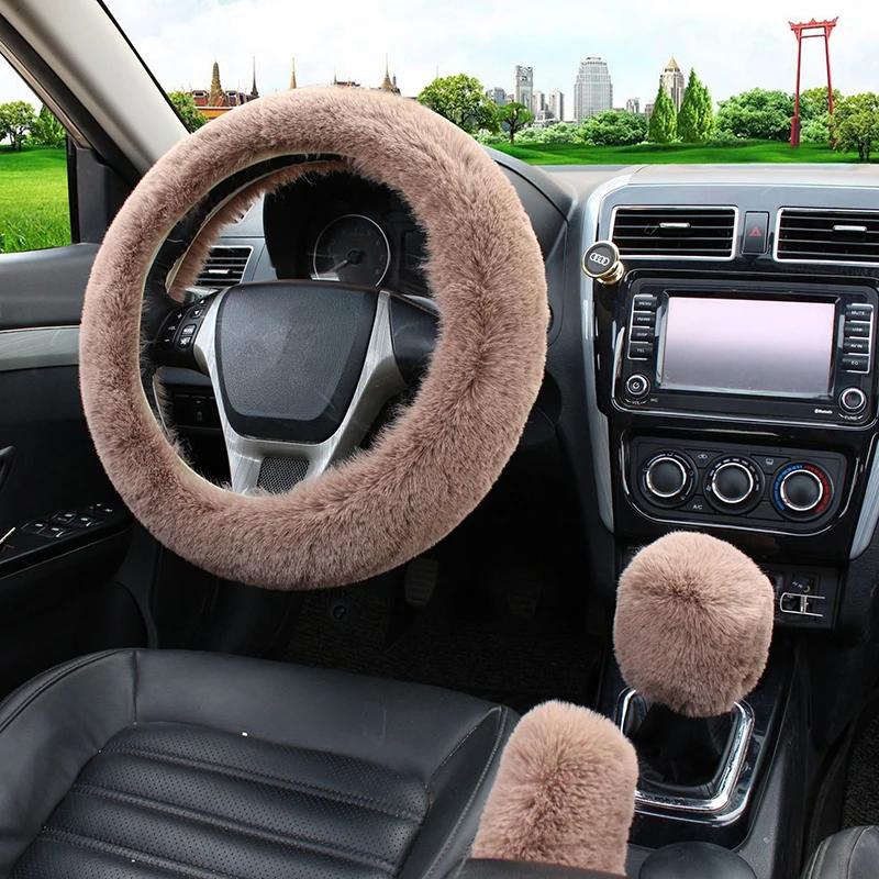 3Pcs/set Solid Soft Warm Long Wool Fuzzy Steering Wheel Cover Woolen Handbrake Car Accessory Sheep Fur Plush Protector Cover Kit