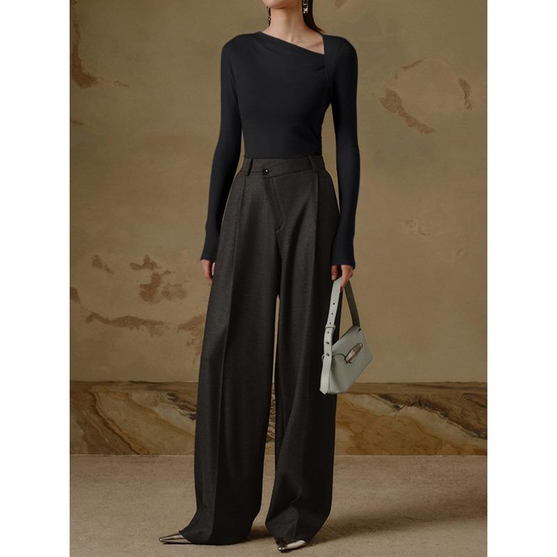 Women's Sexy Slant Neck Long Sleeve Solid Colour Inner Temperament Elegant Top