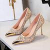 9.5CM Style Fine Heel Rhinestone High Heels Metal Pointed Women's Shoes Shallow Mouth One Pedal Crystal Single Shoes Women