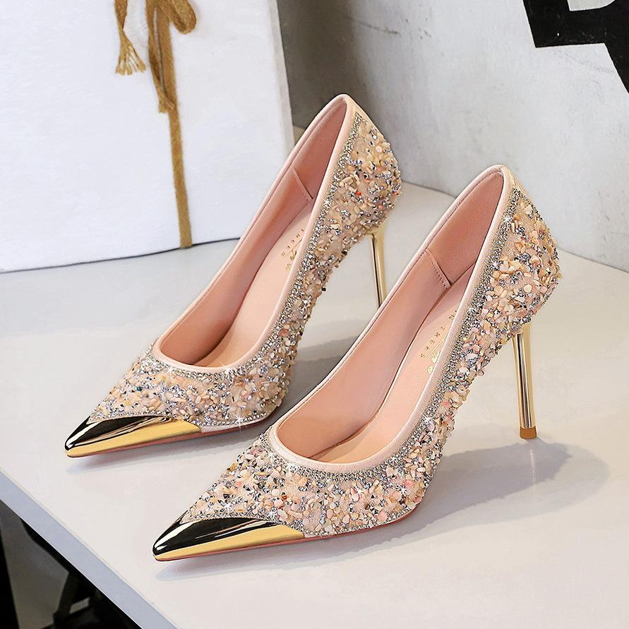 9.5CM Style Fine Heel Rhinestone High Heels Metal Pointed Women's Shoes Shallow Mouth One Pedal Crystal Single Shoes Women