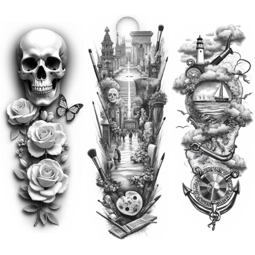 3pcs Temporary Tattoo Black And Grey Realism Horseshoe Desert Landscape Saddle For Men Adults Women