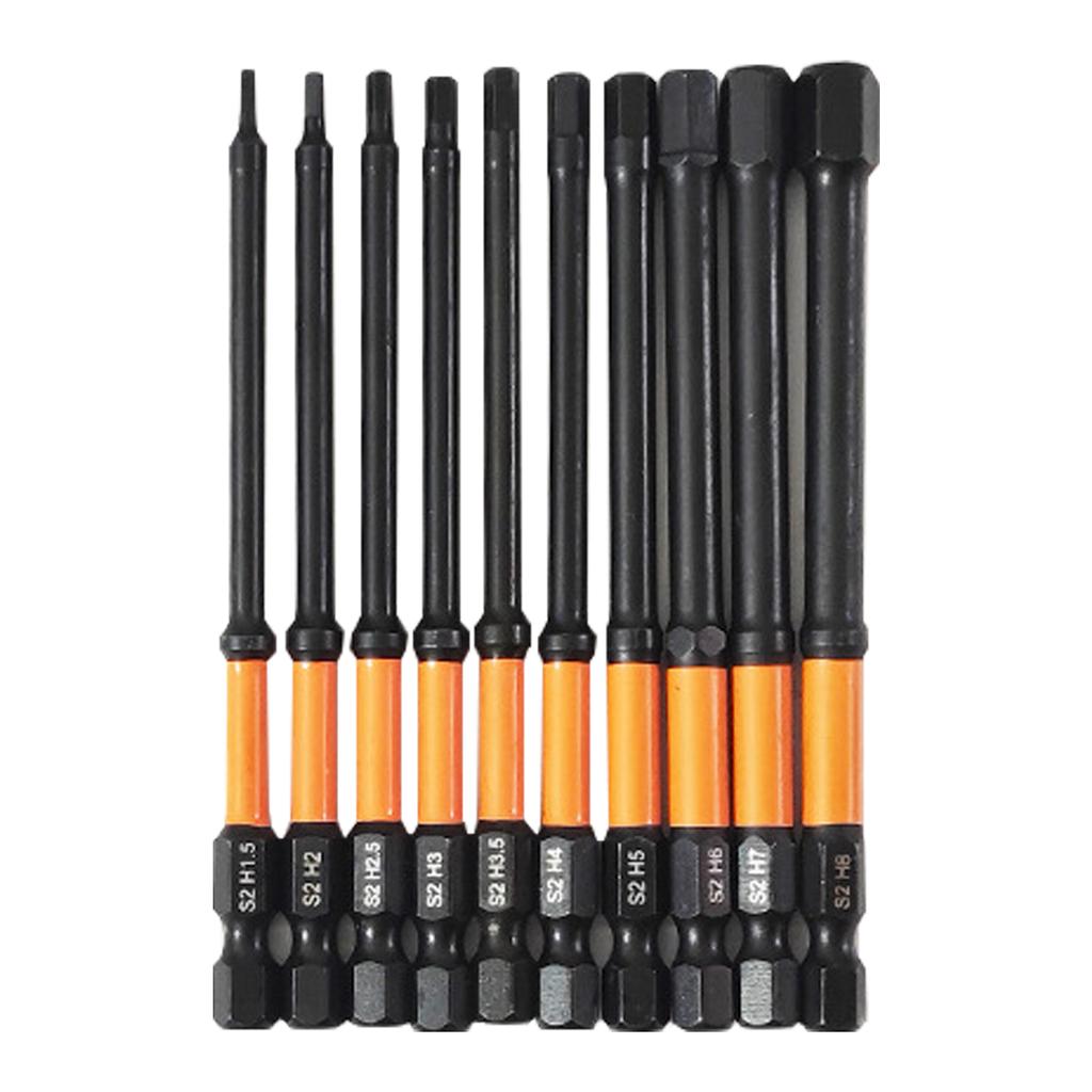 10Pcs Impact Hex Head Allen Wrenches Drill Bit Set 100mm H1.5-H8 Hex Shank Steel Hex Screwdriver Bit for Assembling