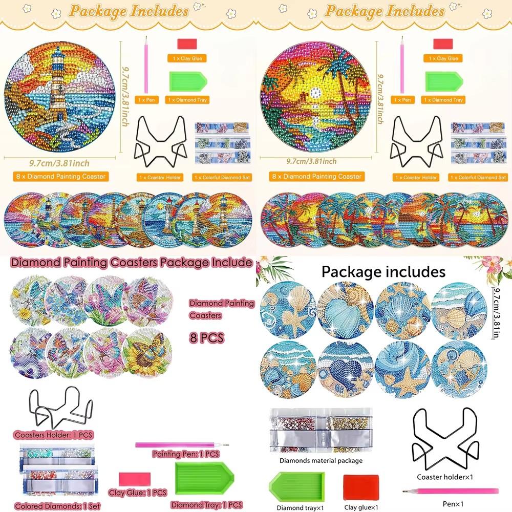 8 sztuk/zestaw podstawek z motywem zwierząt morskich malowanych diamentami z uchwytami Podkładki DIY dla początkujących i dorosłych, artykuły artystyczne i rzemieślnicze, prezenty
