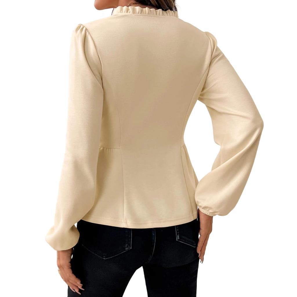 Women's Color V-Neck Ruffle Blouse Work Shirt