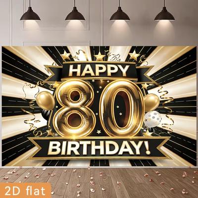 2D 80th Birthday Decoration Backdrop Black Gold Happy 80 Birthday Banner Photo Booth Background for Party Supplies