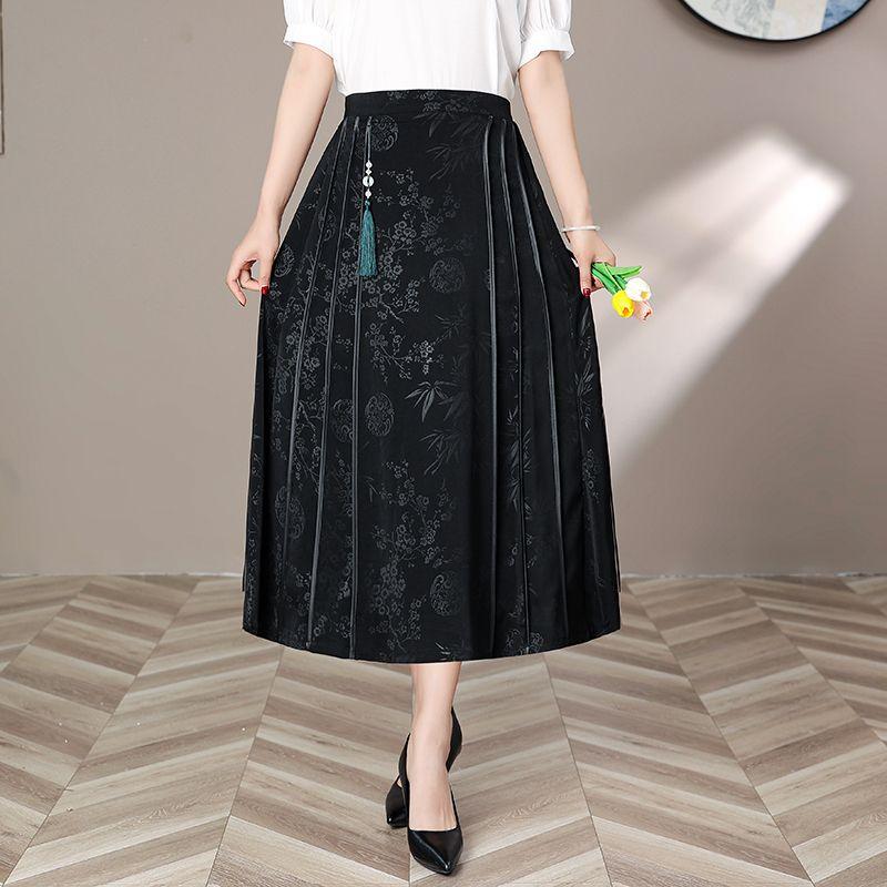 Women's Black Vintage Floral Pleated Midi Skirt Chinese Style Tassel Bead Decoration High Waist A-line Casual Daily Office Skirt