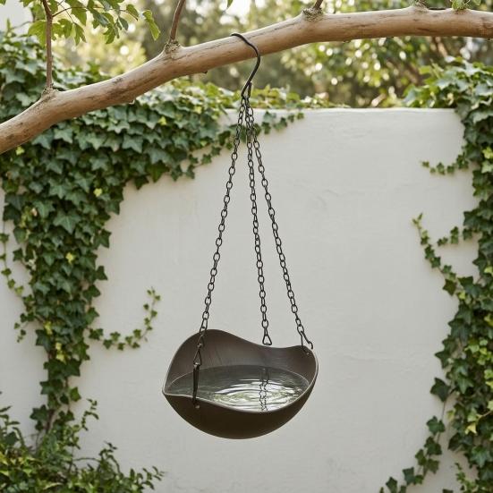 Hanging Bird Bath Imitation Wood Grain Plastic Bowl with Metal Chains Rustic Bird Bath Feeder Bowl for Multiple Birds Outdoor Garden Backyard Decor