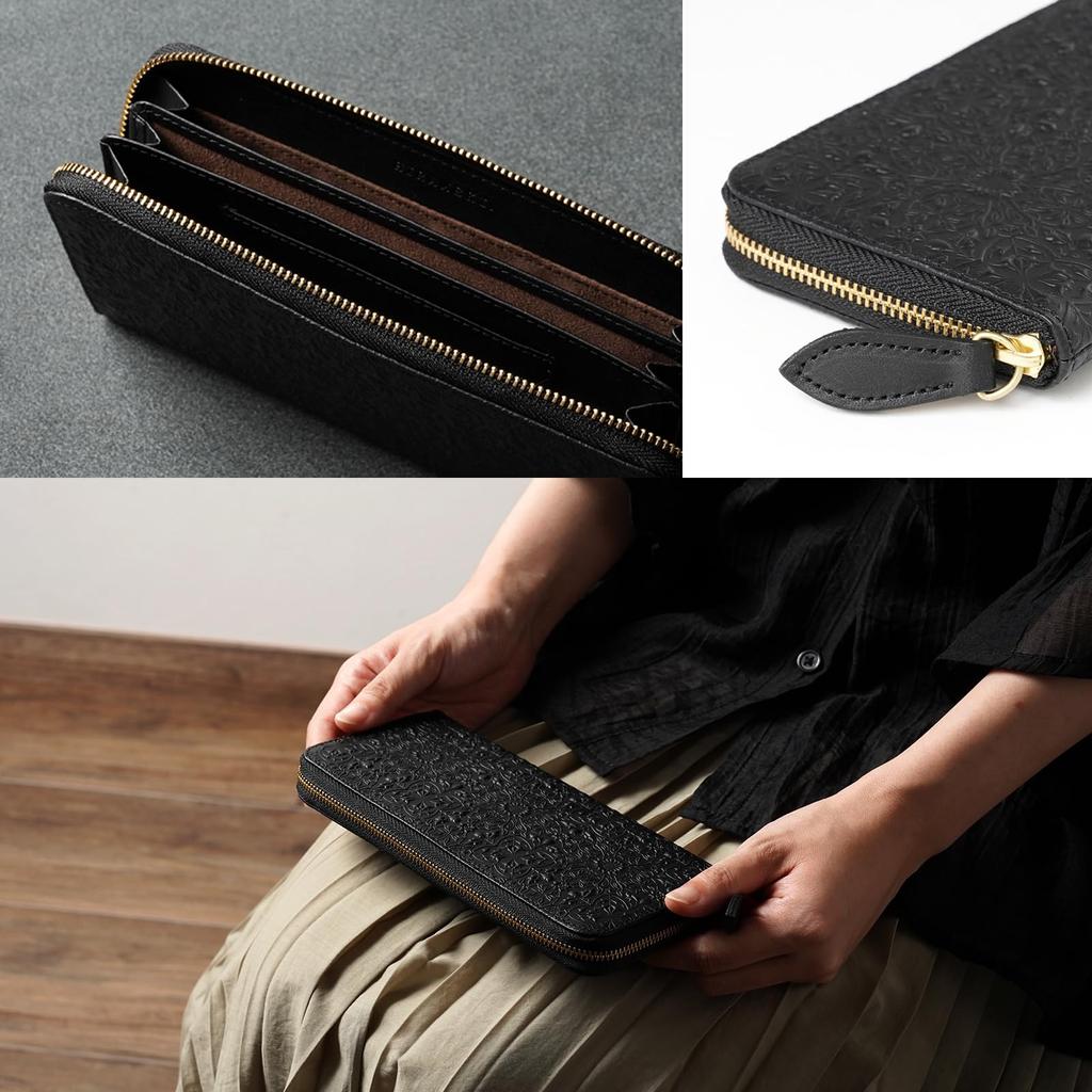 [HIRAMEKI.] Genuine Leather Wallet for Men and Women, Mini Zip-Around Long Wallet, Morris Classic, Slim and Compact, William Morris Art (Black)