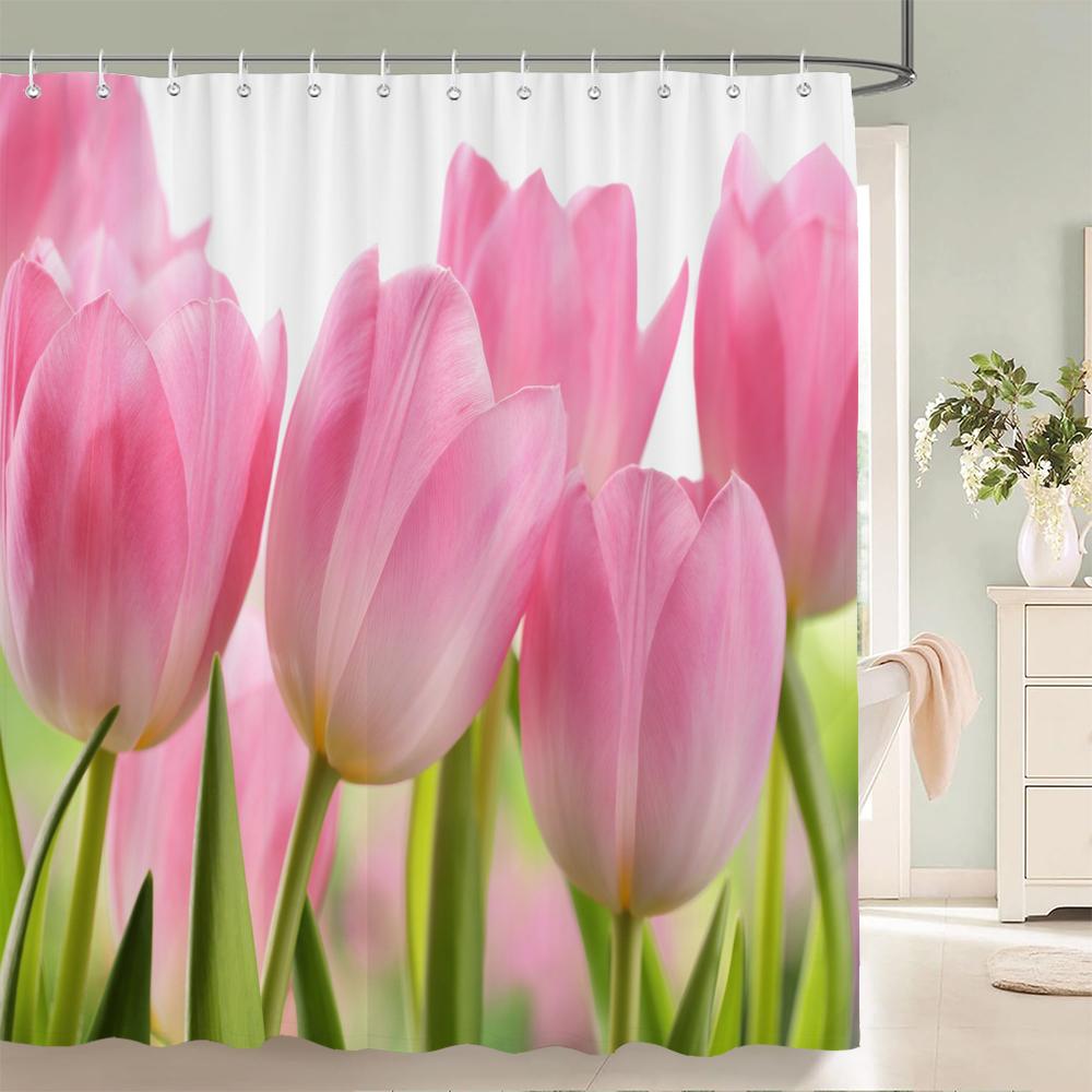 3d Tulip Fresh Flowers Shower Curtains Bathroom Waterproof Floral Bath Curtain Polyester Cloth With Hooks Decorative Bath Screen