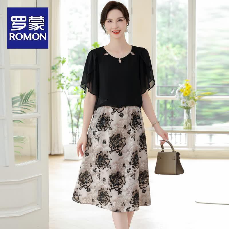 ROMON Women s Short-Sleeve A-Line Summer Dress L