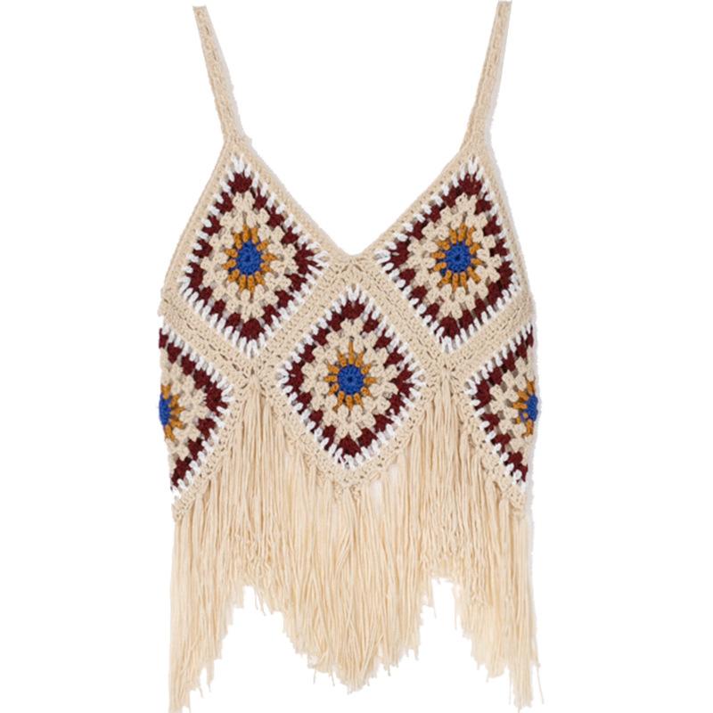 Summer Women's Camisole Ethnic Style Halter Pure Handmade Crochet Top Halter Bohemian Tassel Travel Holiday Vest