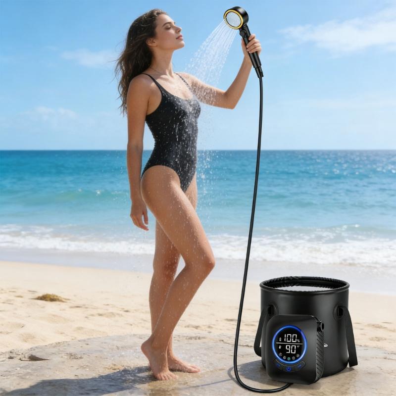 Easy To Carry Outdoor Shower With 20L Water Bag And 5 Stage Rechargeable Battery For Camping Hiking Beach