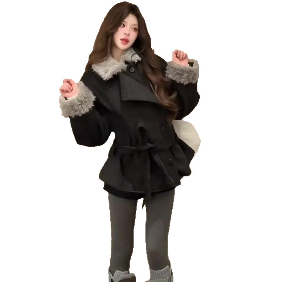 Koreanischer High-End Kaffee Plüsch Patchwork Damen Winter Schlankmachender Wollmantel