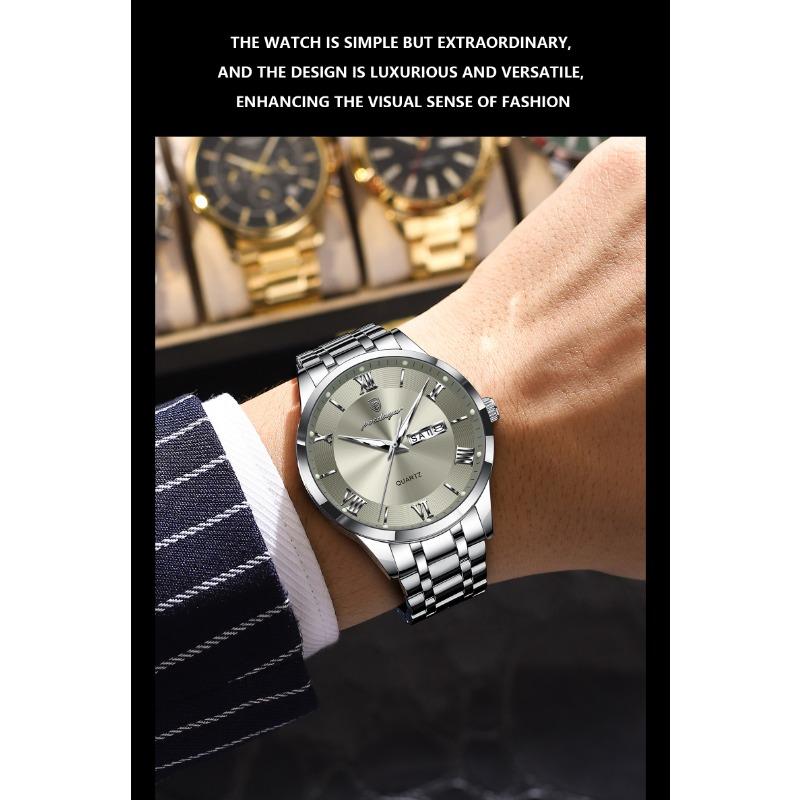 POEDAGAR Luxury Fashion Men Clock Waterproof Luminous Week Date Sports Wristwatch Stainless Steel Quartz Watches Reloj