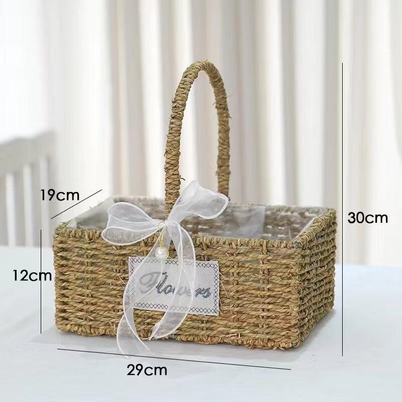 Прямоугольная подарочная корзина, плетеная из бамбука, с жемчужной лентой