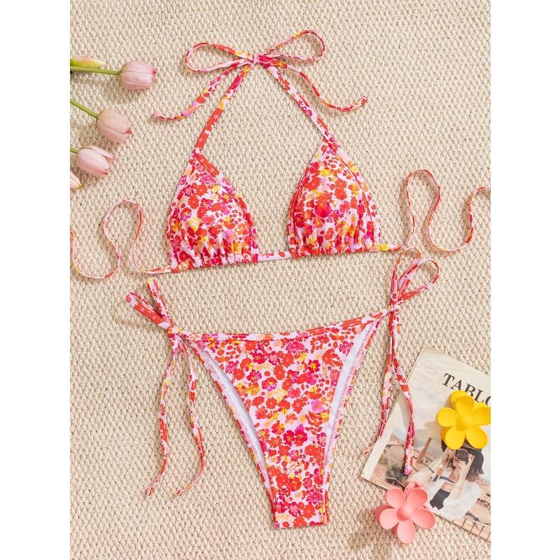 Women's Sexy Slim Fit Bikini Set, Tropical Print Halter Lace-up Triangle Swimsuit