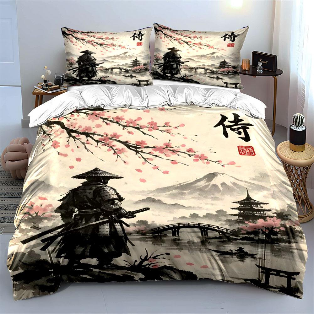 Samurai Sakura Landscape Bedding Duvet Cover Set (1*Duvet Cover 2*Pillowcases, Without Duvet Insert)
