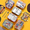 304 Stainless Steel Insulated Lunch Box with Handle - Cartoon Style, Three Compartments, Sealed Bento Box for Students and Work Meals.