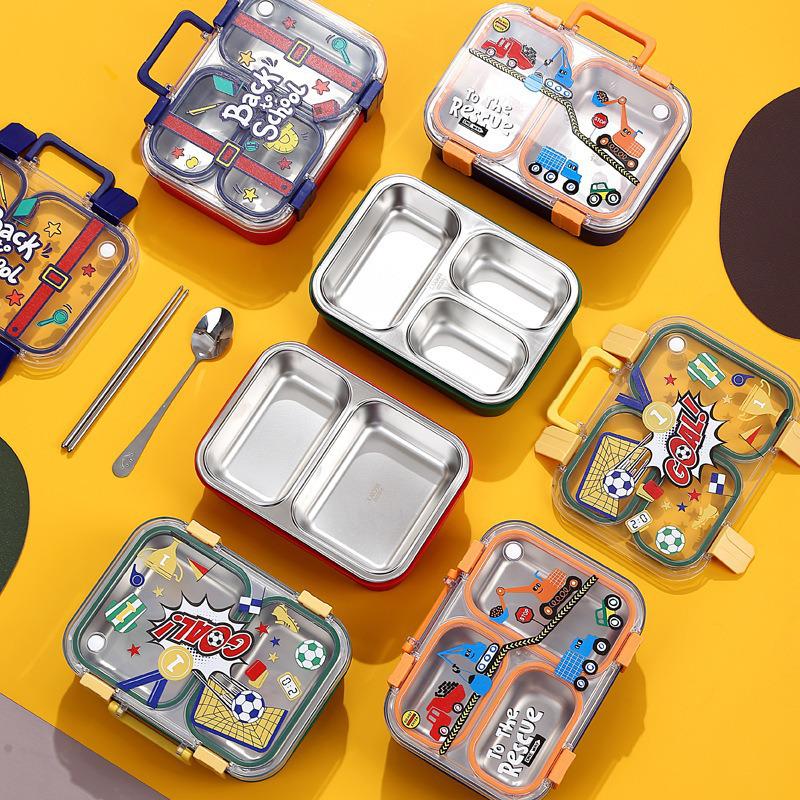 304 Stainless Steel Insulated Lunch Box with Handle - Cartoon Style, Three Compartments, Sealed Bento Box for Students and Work Meals.