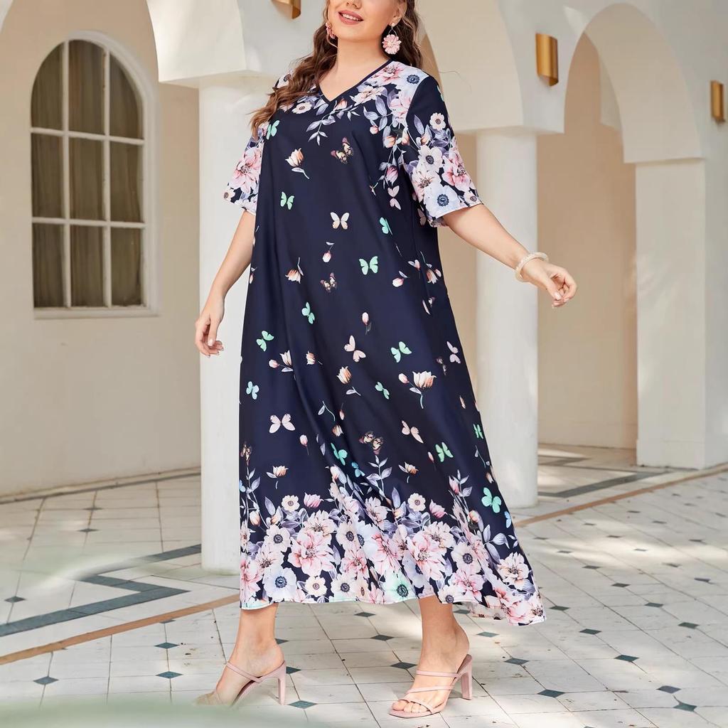 Plus Size V-Neck Short Sleeve Printed Pullover Dress - Spring/Summer Style