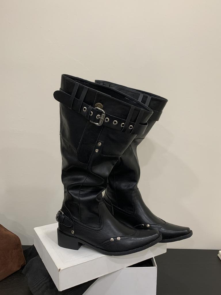 2025 new big tube around long boots for women but knee thick heel thin pointed autumn and winter retro style