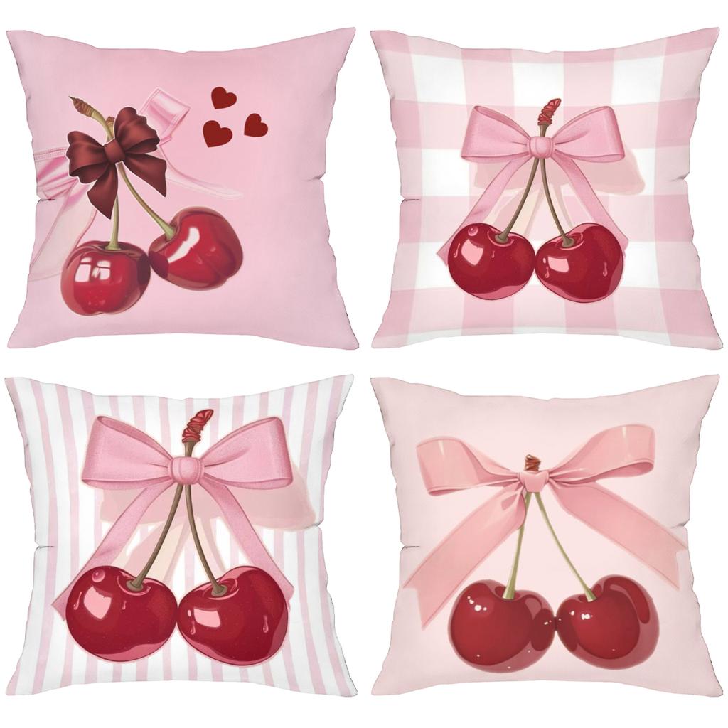 Pink Cherry Pillows With Bows Heart Pattern Polyester Pillowcase, Sofa Decorative Cushion Cov Headboard Pillow