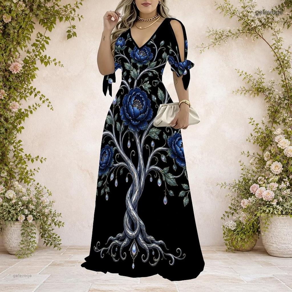Women Plus Size V Neck Cold Shoulder Short Sleeve Tie Cuffs Printed A Line Long Dress