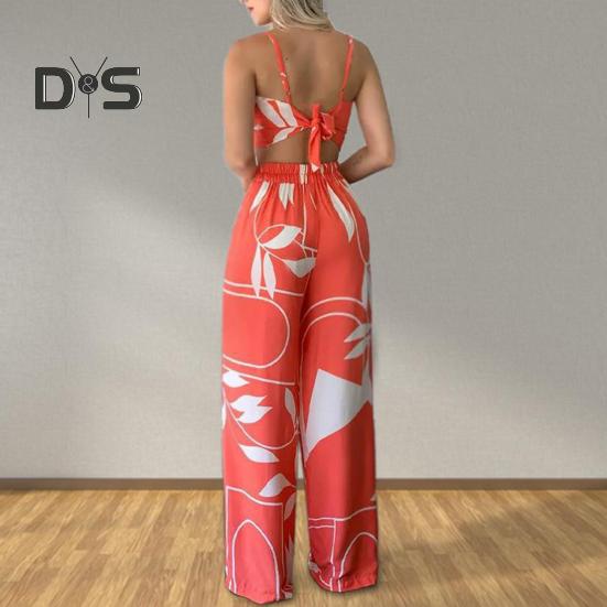 2 Pcs/Set Women Vacation Outfit V Neck Backless Sleeveless Camisole High Waist Wide Leg Printed Pants Set Beach Crop Top Trousers Set Resort Wear