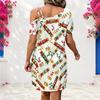 Women Plus Size One Shoulder Single Strap Short Sleeve White Printed Loose Dress