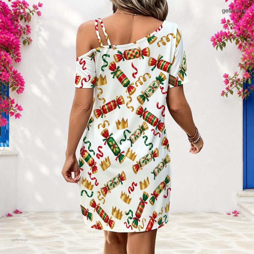 Women Plus Size One Shoulder Single Strap Short Sleeve White Printed Loose Dress