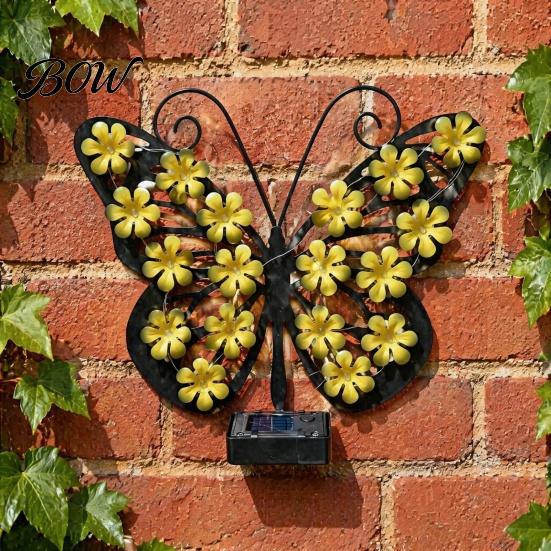 Outdoor Solar Butterfly Sculpture 2Pcs Lights Metal Wall Decor, IP65 Waterproof Hanging Lights, Art for Garden Fence Patio Porch Yard Balcony