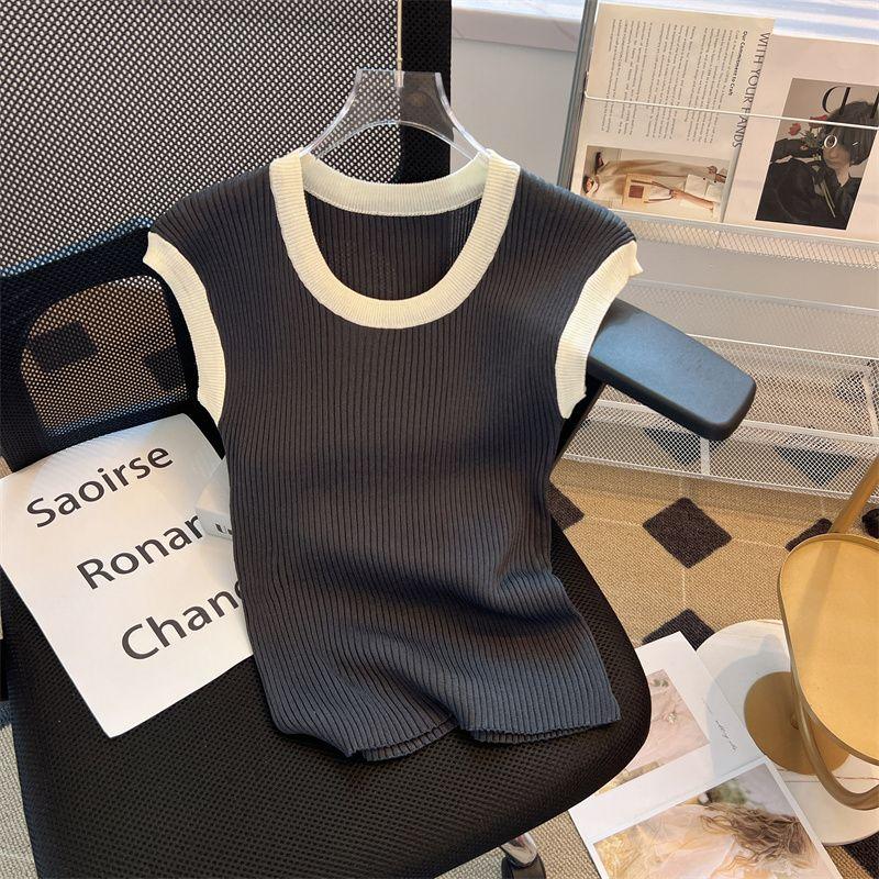 

Guangzhou Thirteen Lines Best Selling Counter Withdraw Cut Label Ice Silk Thin U-Neck Sexy Shoulder Knitting Short Sleeve T-shirt Female Summer Pea green S