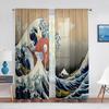 Oriental Culture Hand Drawn Style Japanese Motifs Illustration Wave Tulle Curtains for Living Room Bedroom Sheer Curtain Kitchen