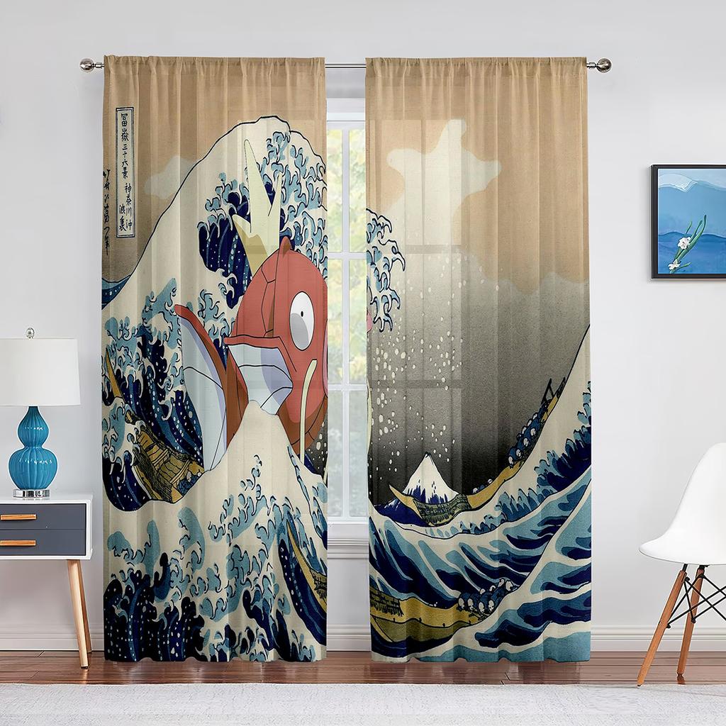 Oriental Culture Hand Drawn Style Japanese Motifs Illustration Wave Tulle Curtains for Living Room Bedroom Sheer Curtain Kitchen