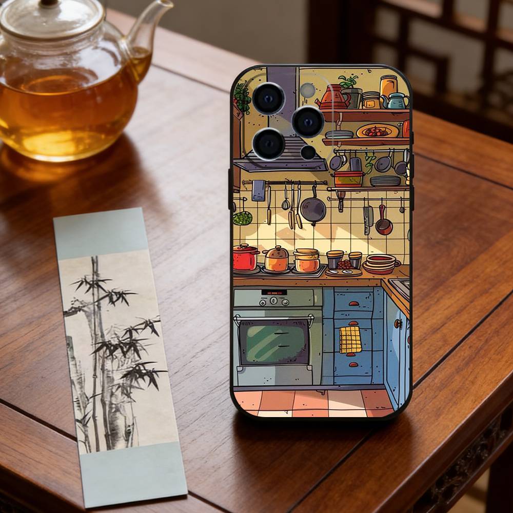 Cute anime kitchen pattern Phone Case For iPhone 17,16,15,14,13,12,11 Plus,Pro Max,XS,Soft Silicone Black Cover