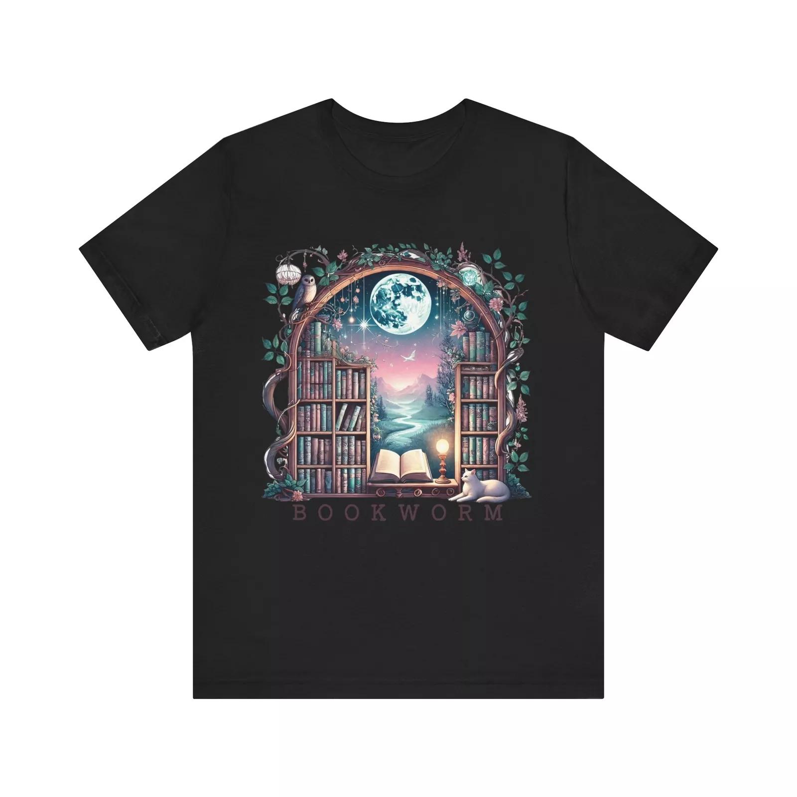 Magical Bookworm Fantasy Library Moonlit Owl Art Print T-Shirt 3XL