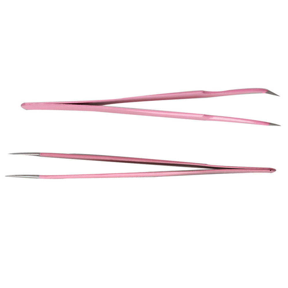 2Pcs Steel Pink Straight + Bend Tweezer For Eyelash Extensions Nail Art Nippers