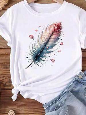 (Asian Size) Women Tee Top Clothing Casual Feather Style 90s Short Sleeve T Shirt Fashion Printed Lady Female Graphic T-shirts